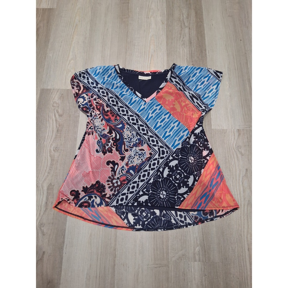 Dana Buchman Womens Patchwork Paisley V-Neck Blouse Multi-Color SS Top Large